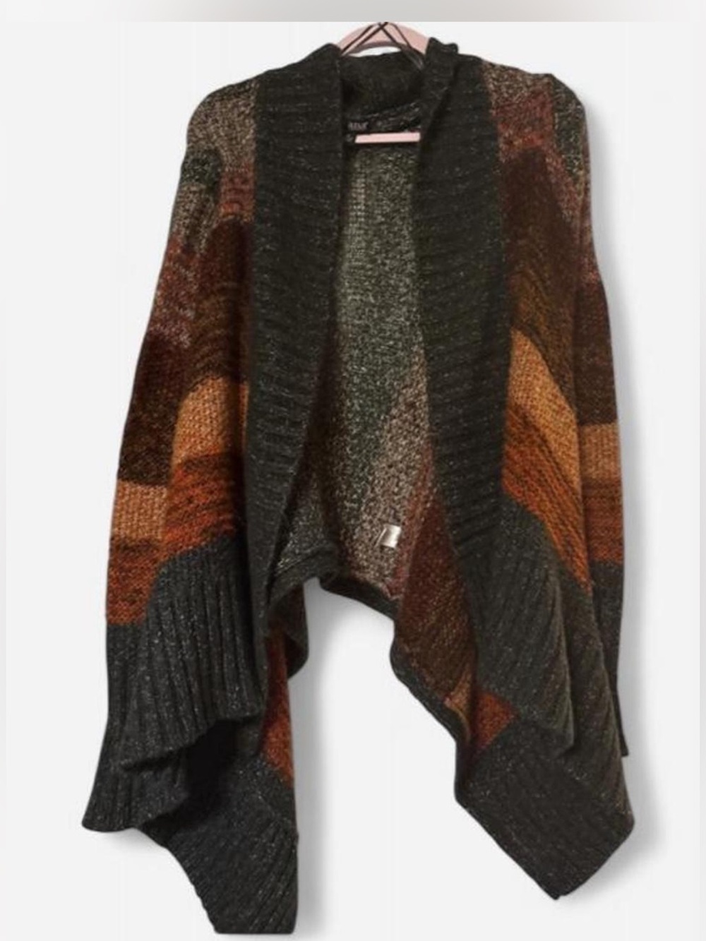 Open-Front Colorblock Draped Cardigan - Dark Brown & Rust